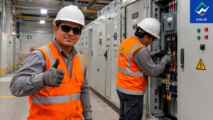 Técnico realizando inspección y mantenimiento de un tablero eléctrico industrial